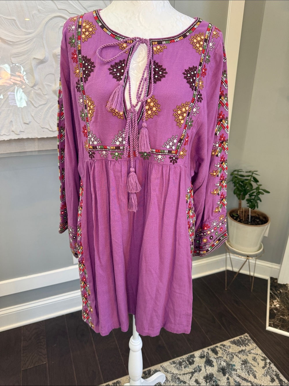 Free People Purple Embroidered Tunic Mini Dress Boho Balloon Sleeve Sz M